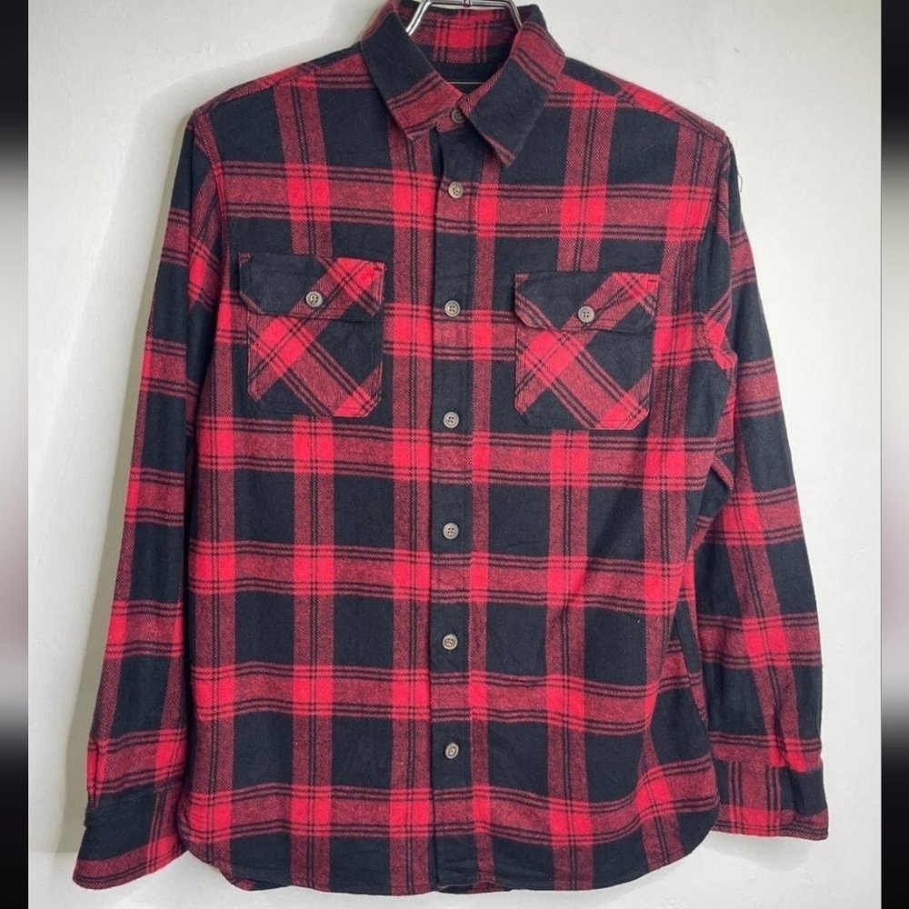 Vintage JACHS Plaid Red Black Flannel Button Shirt 100% Cotton Small